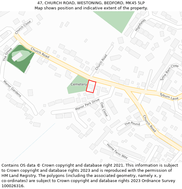 47, CHURCH ROAD, WESTONING, BEDFORD, MK45 5LP: Location map and indicative extent of plot