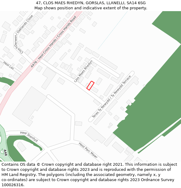 47, CLOS MAES RHEDYN, GORSLAS, LLANELLI, SA14 6SG: Location map and indicative extent of plot