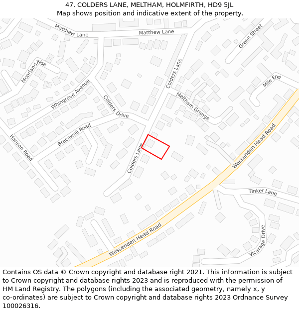 47, COLDERS LANE, MELTHAM, HOLMFIRTH, HD9 5JL: Location map and indicative extent of plot