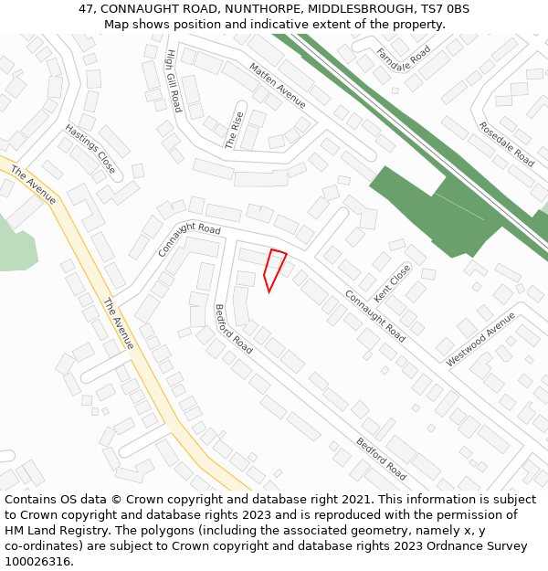 47, CONNAUGHT ROAD, NUNTHORPE, MIDDLESBROUGH, TS7 0BS: Location map and indicative extent of plot