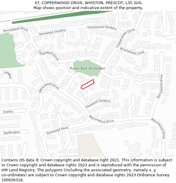 47, COPPERWOOD DRIVE, WHISTON, PRESCOT, L35 3UG: Location map and indicative extent of plot