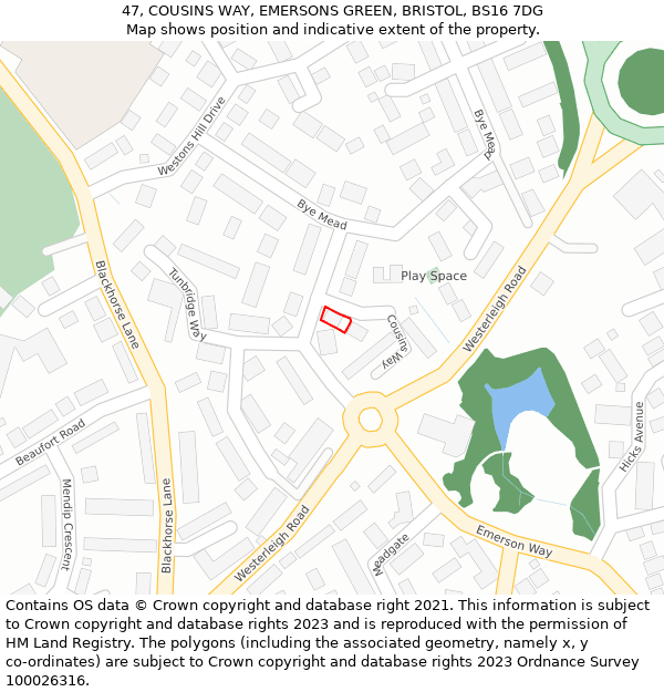 47, COUSINS WAY, EMERSONS GREEN, BRISTOL, BS16 7DG: Location map and indicative extent of plot