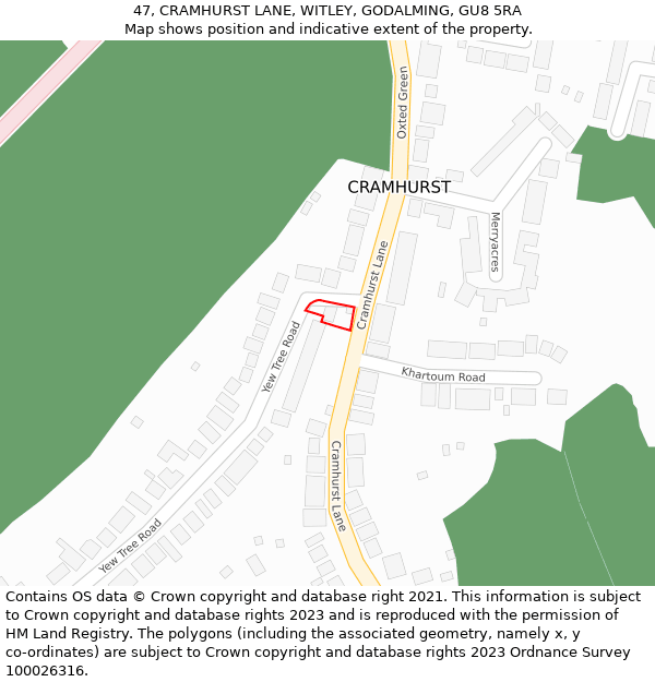 47, CRAMHURST LANE, WITLEY, GODALMING, GU8 5RA: Location map and indicative extent of plot