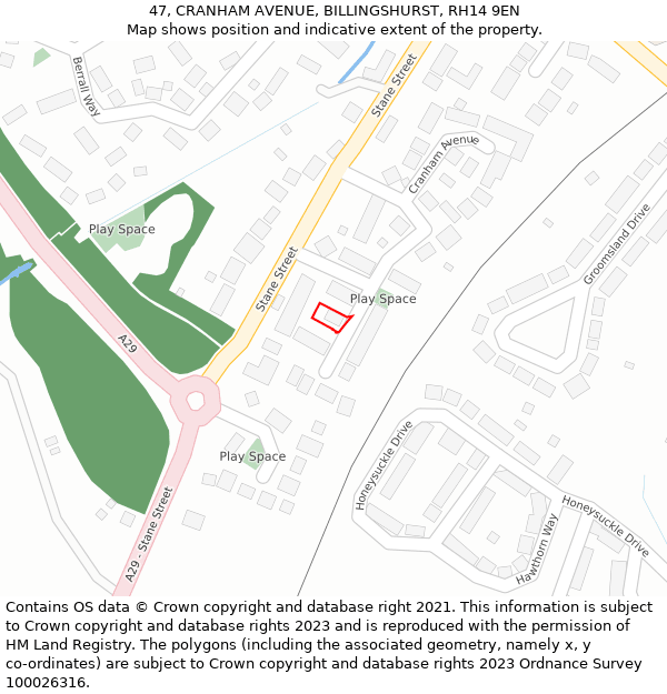 47, CRANHAM AVENUE, BILLINGSHURST, RH14 9EN: Location map and indicative extent of plot