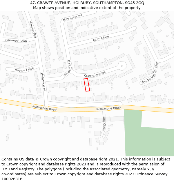 47, CRAWTE AVENUE, HOLBURY, SOUTHAMPTON, SO45 2GQ: Location map and indicative extent of plot