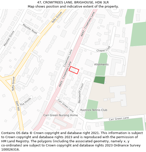 47, CROWTREES LANE, BRIGHOUSE, HD6 3LR: Location map and indicative extent of plot