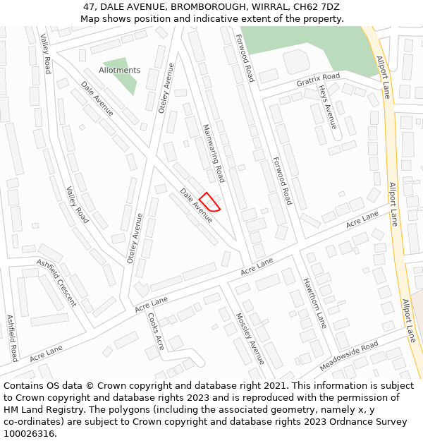 47, DALE AVENUE, BROMBOROUGH, WIRRAL, CH62 7DZ: Location map and indicative extent of plot