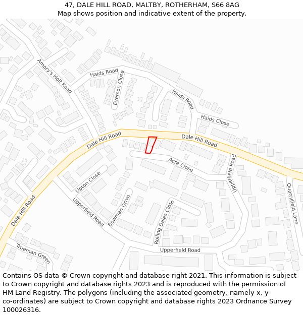 47, DALE HILL ROAD, MALTBY, ROTHERHAM, S66 8AG: Location map and indicative extent of plot
