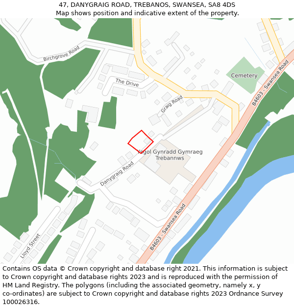 47, DANYGRAIG ROAD, TREBANOS, SWANSEA, SA8 4DS: Location map and indicative extent of plot