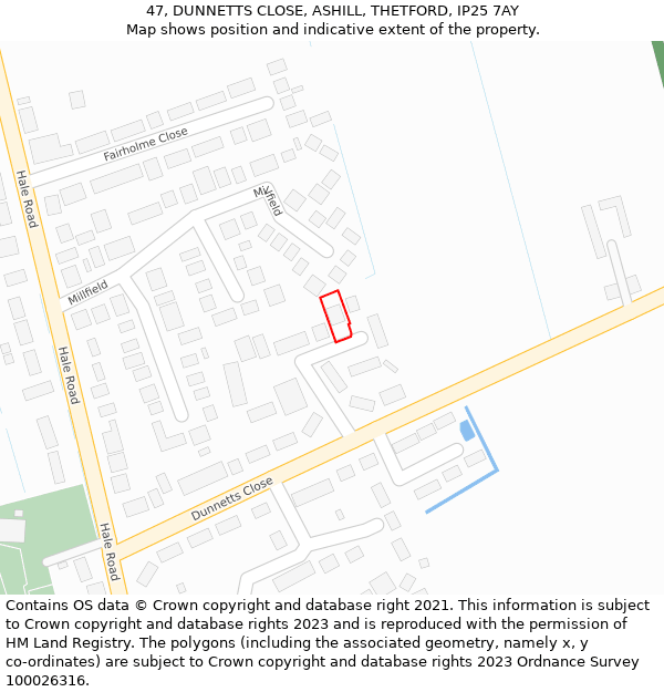 47, DUNNETTS CLOSE, ASHILL, THETFORD, IP25 7AY: Location map and indicative extent of plot