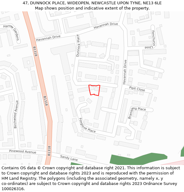 47, DUNNOCK PLACE, WIDEOPEN, NEWCASTLE UPON TYNE, NE13 6LE: Location map and indicative extent of plot