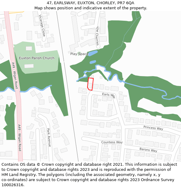 47, EARLSWAY, EUXTON, CHORLEY, PR7 6QA: Location map and indicative extent of plot