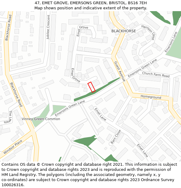 47, EMET GROVE, EMERSONS GREEN, BRISTOL, BS16 7EH: Location map and indicative extent of plot