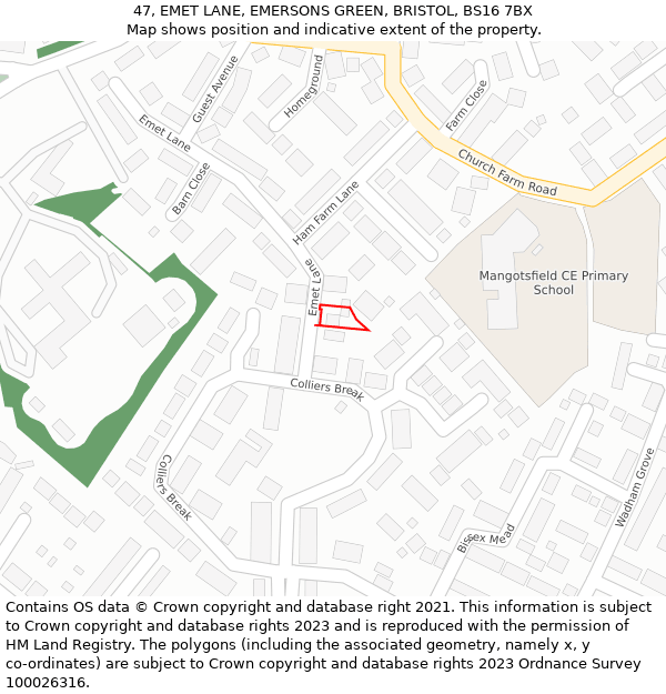 47, EMET LANE, EMERSONS GREEN, BRISTOL, BS16 7BX: Location map and indicative extent of plot