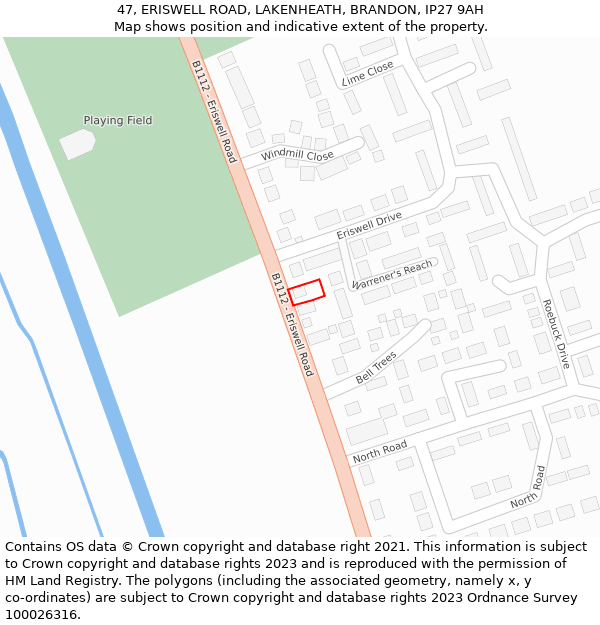 47, ERISWELL ROAD, LAKENHEATH, BRANDON, IP27 9AH: Location map and indicative extent of plot