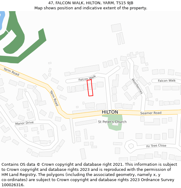 47, FALCON WALK, HILTON, YARM, TS15 9JB: Location map and indicative extent of plot