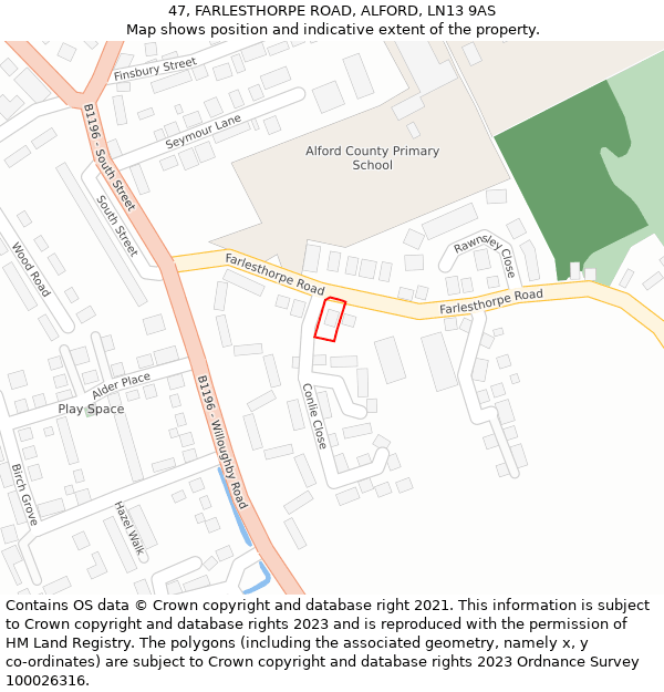 47, FARLESTHORPE ROAD, ALFORD, LN13 9AS: Location map and indicative extent of plot