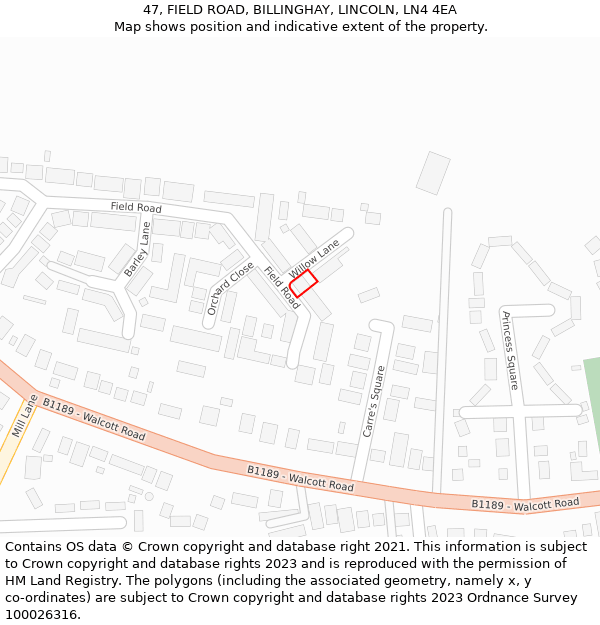 47, FIELD ROAD, BILLINGHAY, LINCOLN, LN4 4EA: Location map and indicative extent of plot