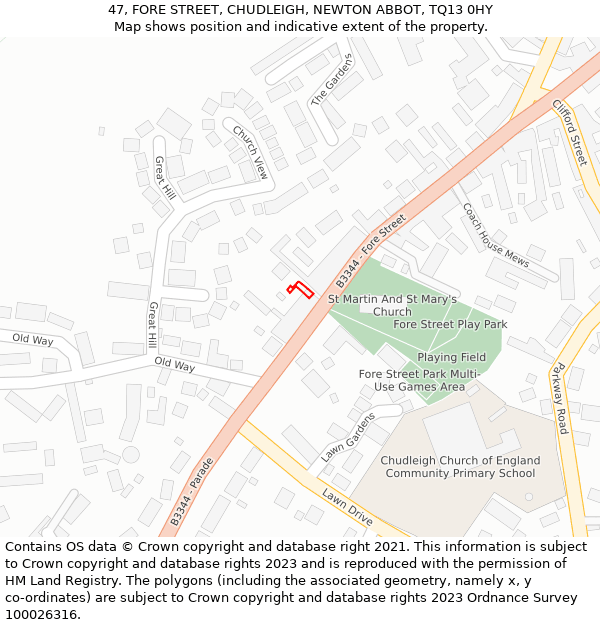 47, FORE STREET, CHUDLEIGH, NEWTON ABBOT, TQ13 0HY: Location map and indicative extent of plot