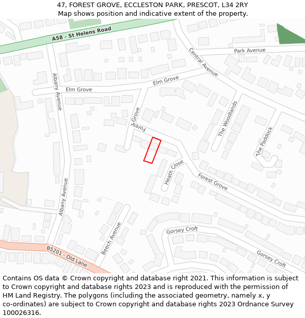 47, FOREST GROVE, ECCLESTON PARK, PRESCOT, L34 2RY: Location map and indicative extent of plot