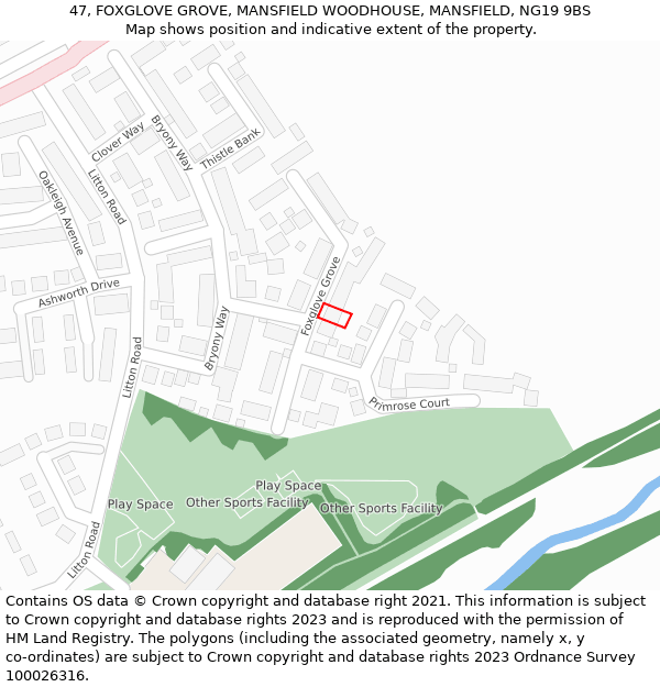 47, FOXGLOVE GROVE, MANSFIELD WOODHOUSE, MANSFIELD, NG19 9BS: Location map and indicative extent of plot