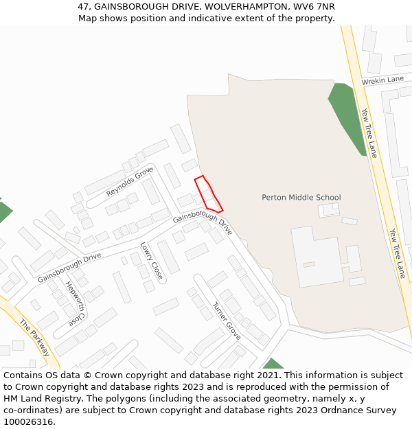 47, GAINSBOROUGH DRIVE, WOLVERHAMPTON, WV6 7NR: Location map and indicative extent of plot