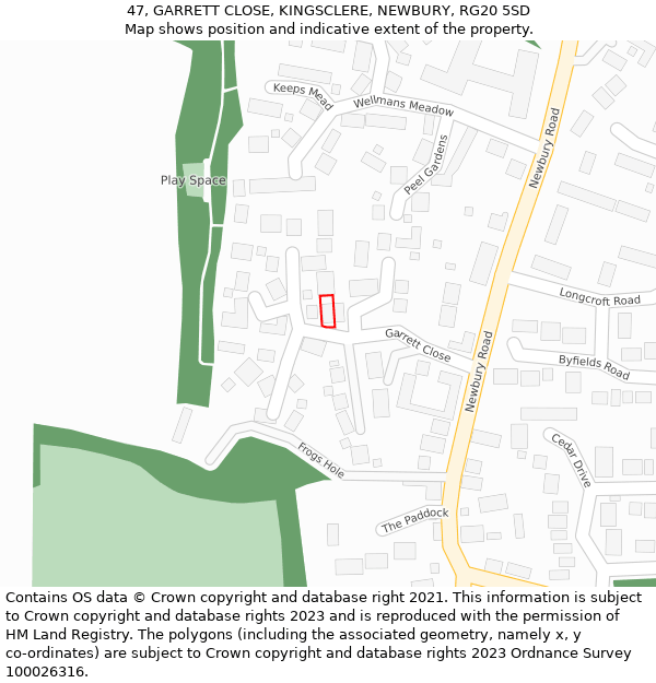 47, GARRETT CLOSE, KINGSCLERE, NEWBURY, RG20 5SD: Location map and indicative extent of plot