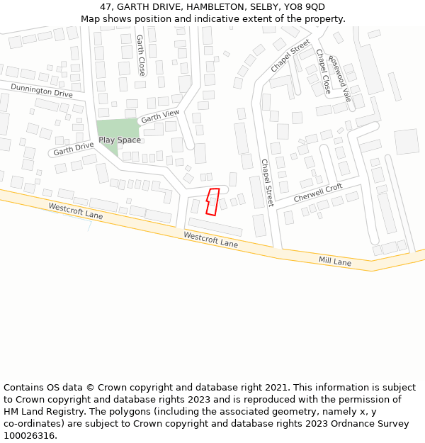 47, GARTH DRIVE, HAMBLETON, SELBY, YO8 9QD: Location map and indicative extent of plot