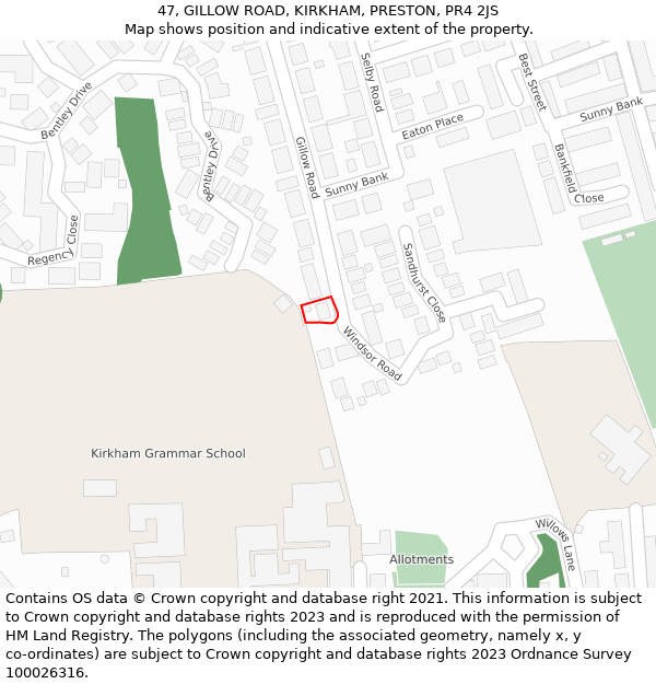 47, GILLOW ROAD, KIRKHAM, PRESTON, PR4 2JS: Location map and indicative extent of plot