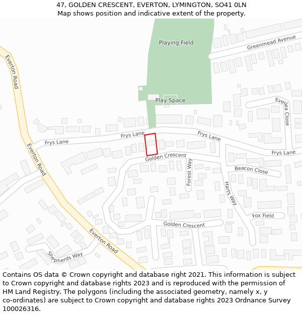 47, GOLDEN CRESCENT, EVERTON, LYMINGTON, SO41 0LN: Location map and indicative extent of plot