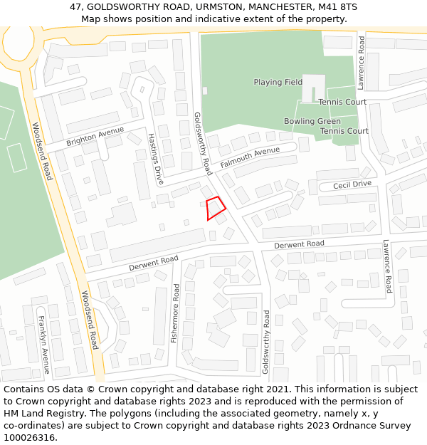 47, GOLDSWORTHY ROAD, URMSTON, MANCHESTER, M41 8TS: Location map and indicative extent of plot