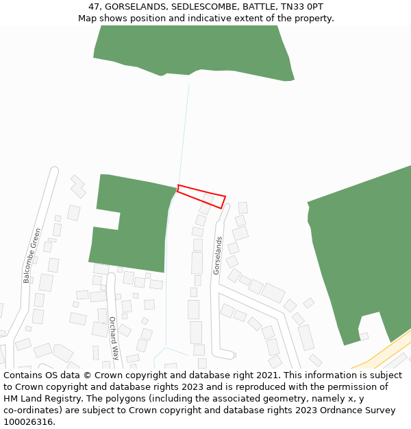 47, GORSELANDS, SEDLESCOMBE, BATTLE, TN33 0PT: Location map and indicative extent of plot