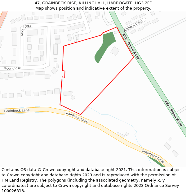 47, GRAINBECK RISE, KILLINGHALL, HARROGATE, HG3 2FF: Location map and indicative extent of plot