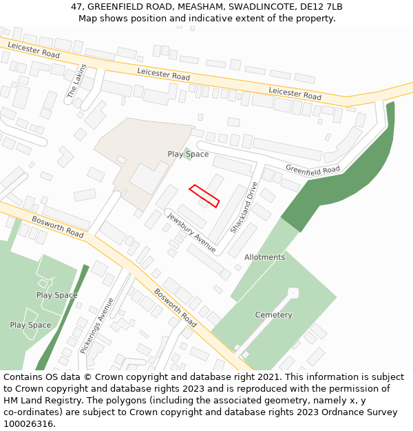 47, GREENFIELD ROAD, MEASHAM, SWADLINCOTE, DE12 7LB: Location map and indicative extent of plot