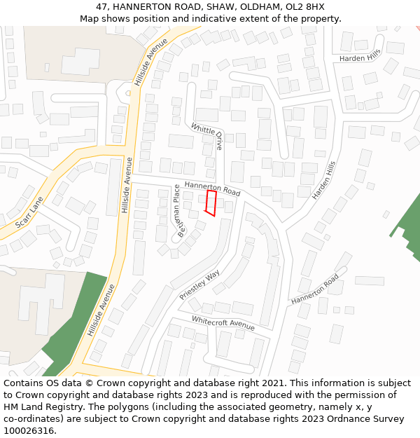 47, HANNERTON ROAD, SHAW, OLDHAM, OL2 8HX: Location map and indicative extent of plot