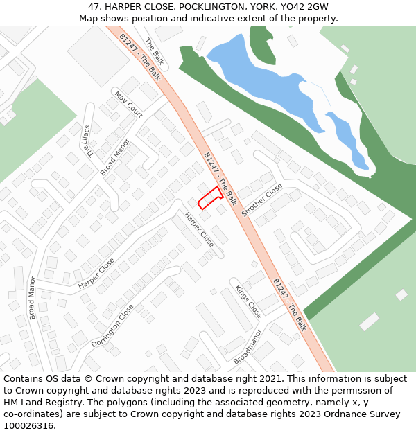 47, HARPER CLOSE, POCKLINGTON, YORK, YO42 2GW: Location map and indicative extent of plot