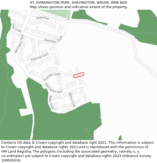 47, HARRINGTON PARK, SHEVINGTON, WIGAN, WN6 8GD: Location map and indicative extent of plot