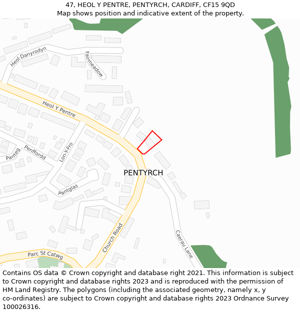 47, HEOL Y PENTRE, PENTYRCH, CARDIFF, CF15 9QD: Location map and indicative extent of plot