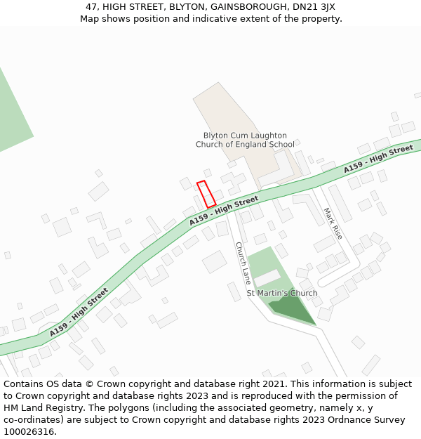 47, HIGH STREET, BLYTON, GAINSBOROUGH, DN21 3JX: Location map and indicative extent of plot