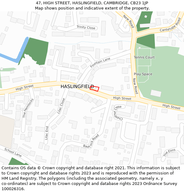 47, HIGH STREET, HASLINGFIELD, CAMBRIDGE, CB23 1JP: Location map and indicative extent of plot