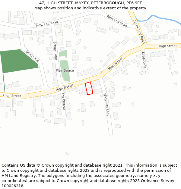 47, HIGH STREET, MAXEY, PETERBOROUGH, PE6 9EE: Location map and indicative extent of plot