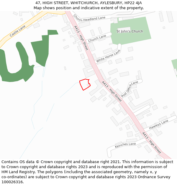 47, HIGH STREET, WHITCHURCH, AYLESBURY, HP22 4JA: Location map and indicative extent of plot