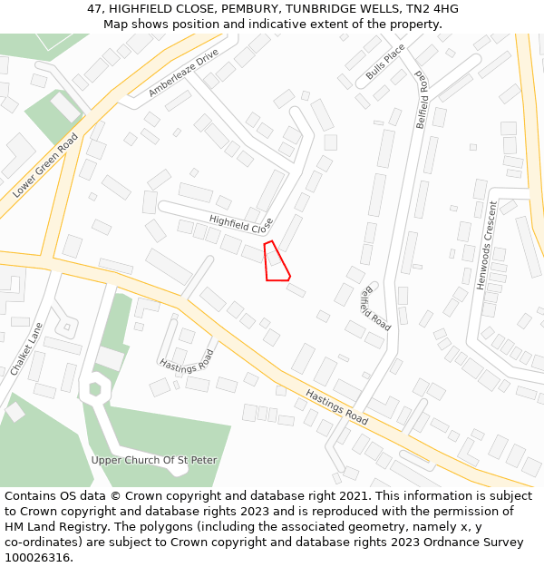 47, HIGHFIELD CLOSE, PEMBURY, TUNBRIDGE WELLS, TN2 4HG: Location map and indicative extent of plot