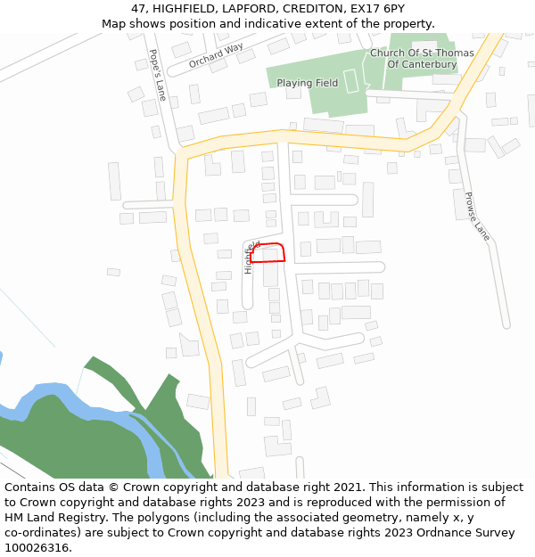 47, HIGHFIELD, LAPFORD, CREDITON, EX17 6PY: Location map and indicative extent of plot