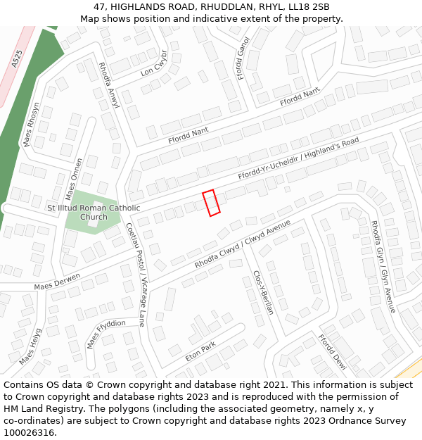 47, HIGHLANDS ROAD, RHUDDLAN, RHYL, LL18 2SB: Location map and indicative extent of plot