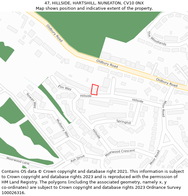 47, HILLSIDE, HARTSHILL, NUNEATON, CV10 0NX: Location map and indicative extent of plot