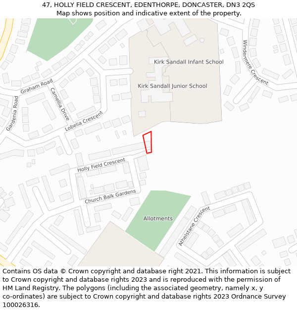 47, HOLLY FIELD CRESCENT, EDENTHORPE, DONCASTER, DN3 2QS: Location map and indicative extent of plot