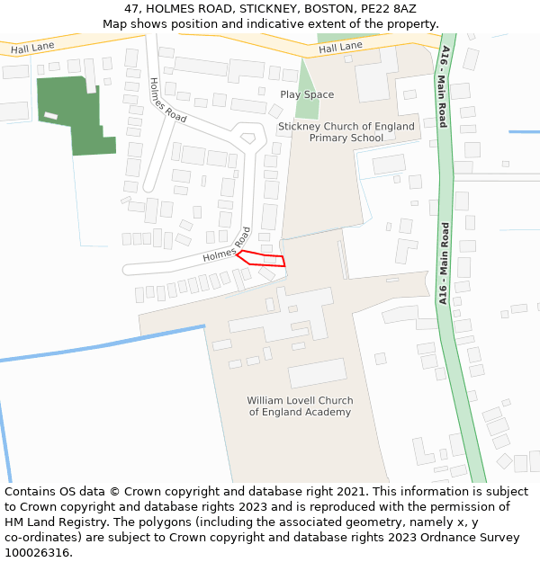 47, HOLMES ROAD, STICKNEY, BOSTON, PE22 8AZ: Location map and indicative extent of plot