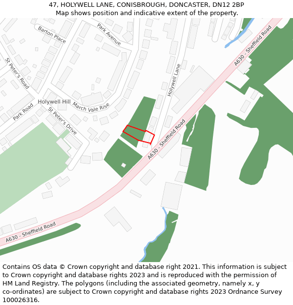 47, HOLYWELL LANE, CONISBROUGH, DONCASTER, DN12 2BP: Location map and indicative extent of plot