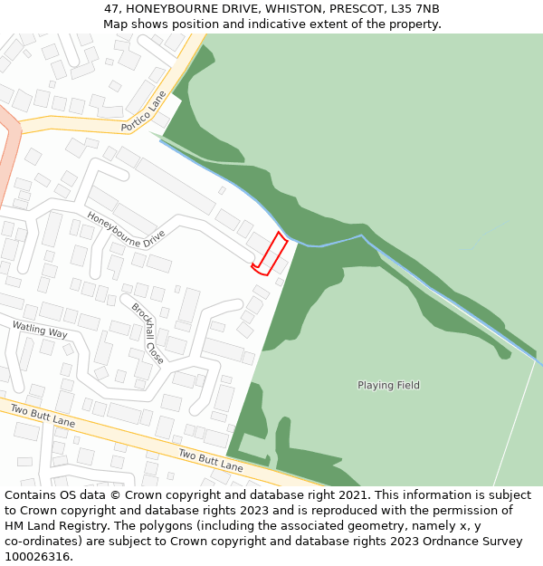 47, HONEYBOURNE DRIVE, WHISTON, PRESCOT, L35 7NB: Location map and indicative extent of plot